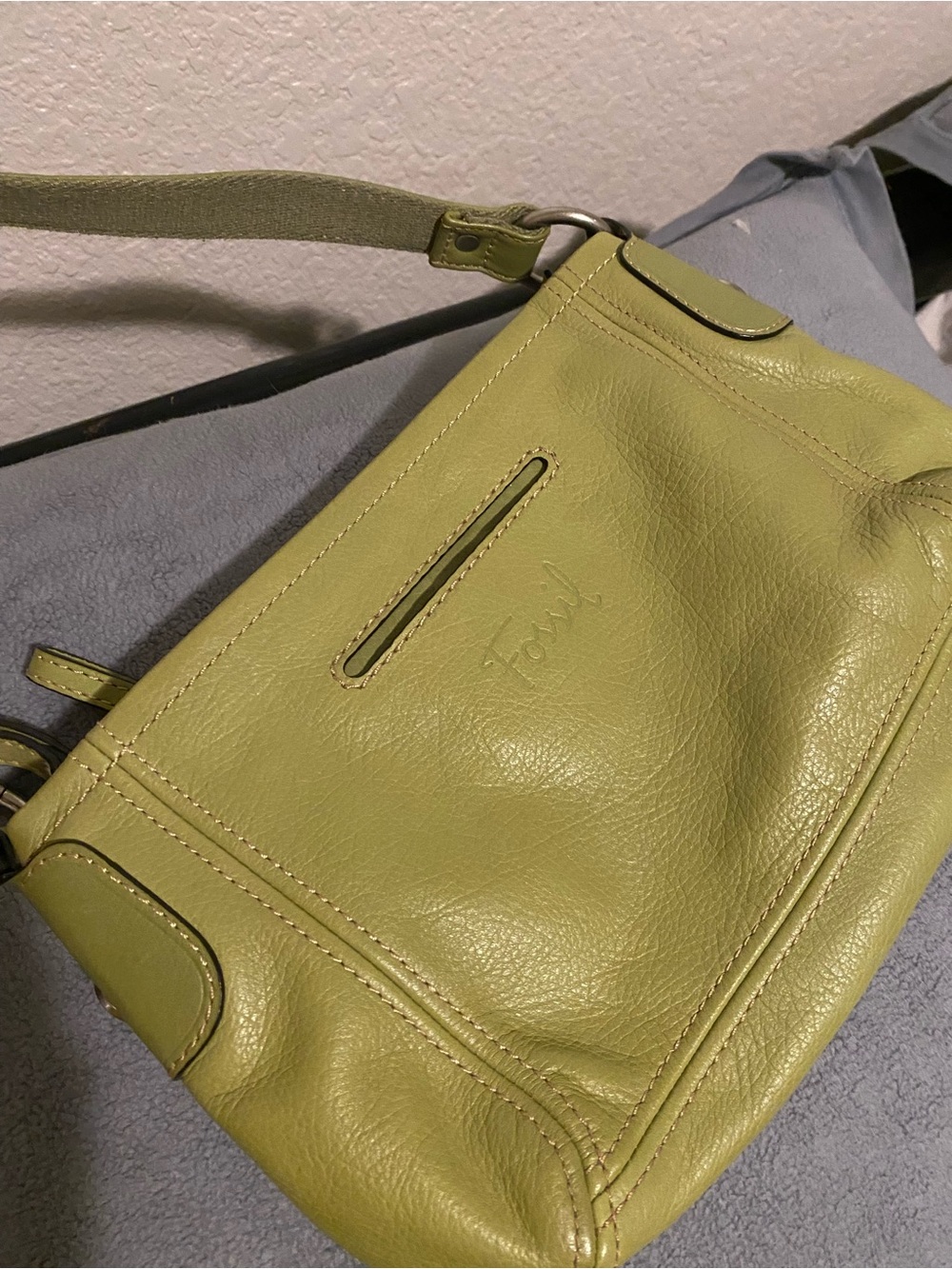 Fossil Light Olive Green Pebbled Leather Crossbody